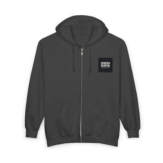 Sheesh Heva Full-Zip Hoodie — Bold Vertical Back Graphic, Chest Logo