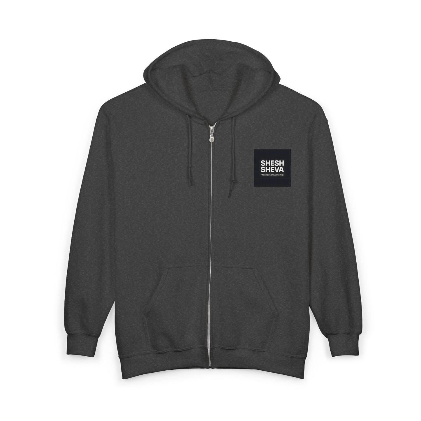 Sheesh Heva Full-Zip Hoodie — Bold Vertical Back Graphic, Chest Logo