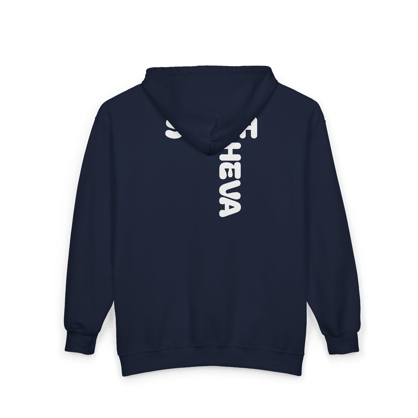 Sheesh Heva Full-Zip Hoodie — Bold Vertical Back Graphic, Chest Logo