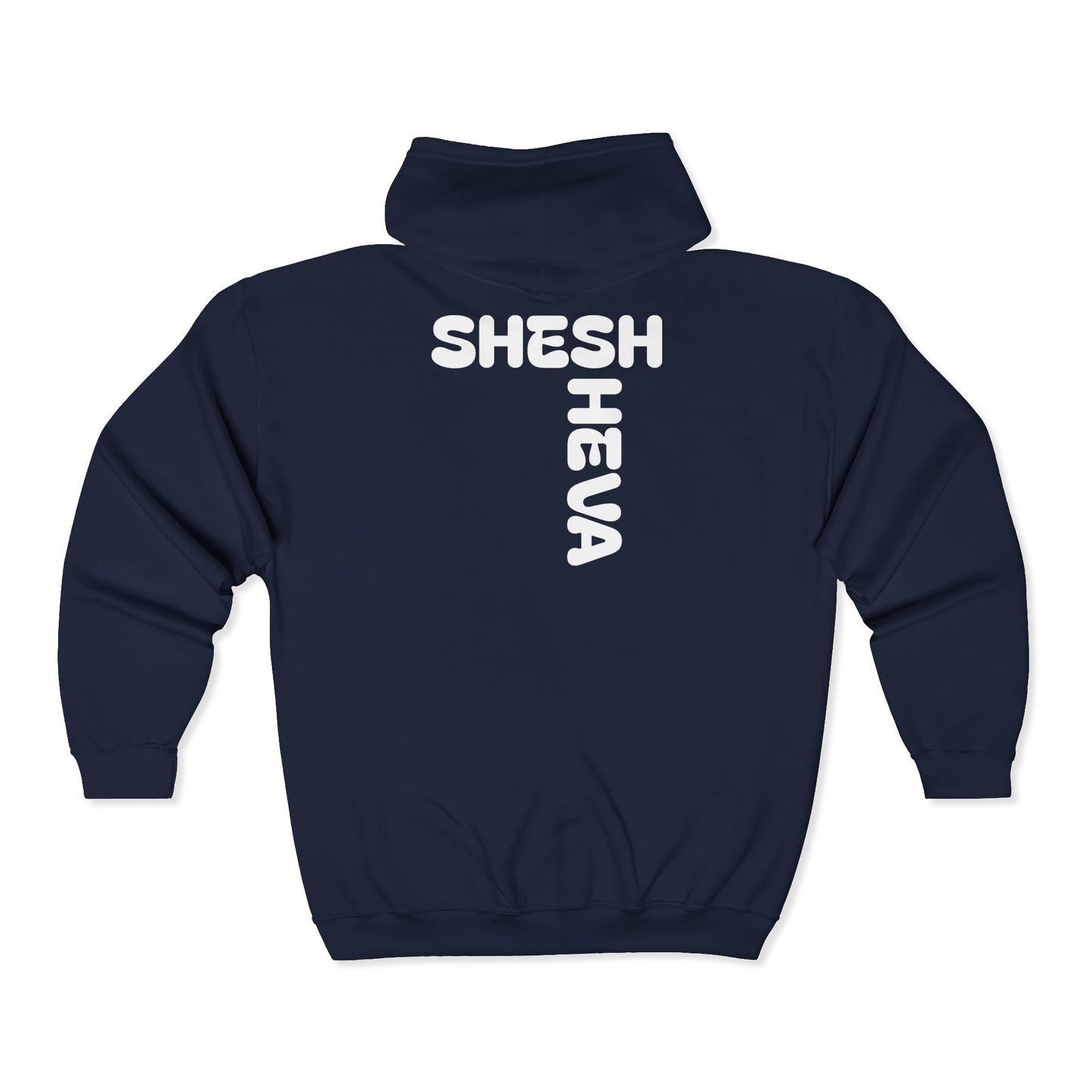 Sheesh Heva Full-Zip Hoodie — Bold Vertical Back Graphic, Chest Logo