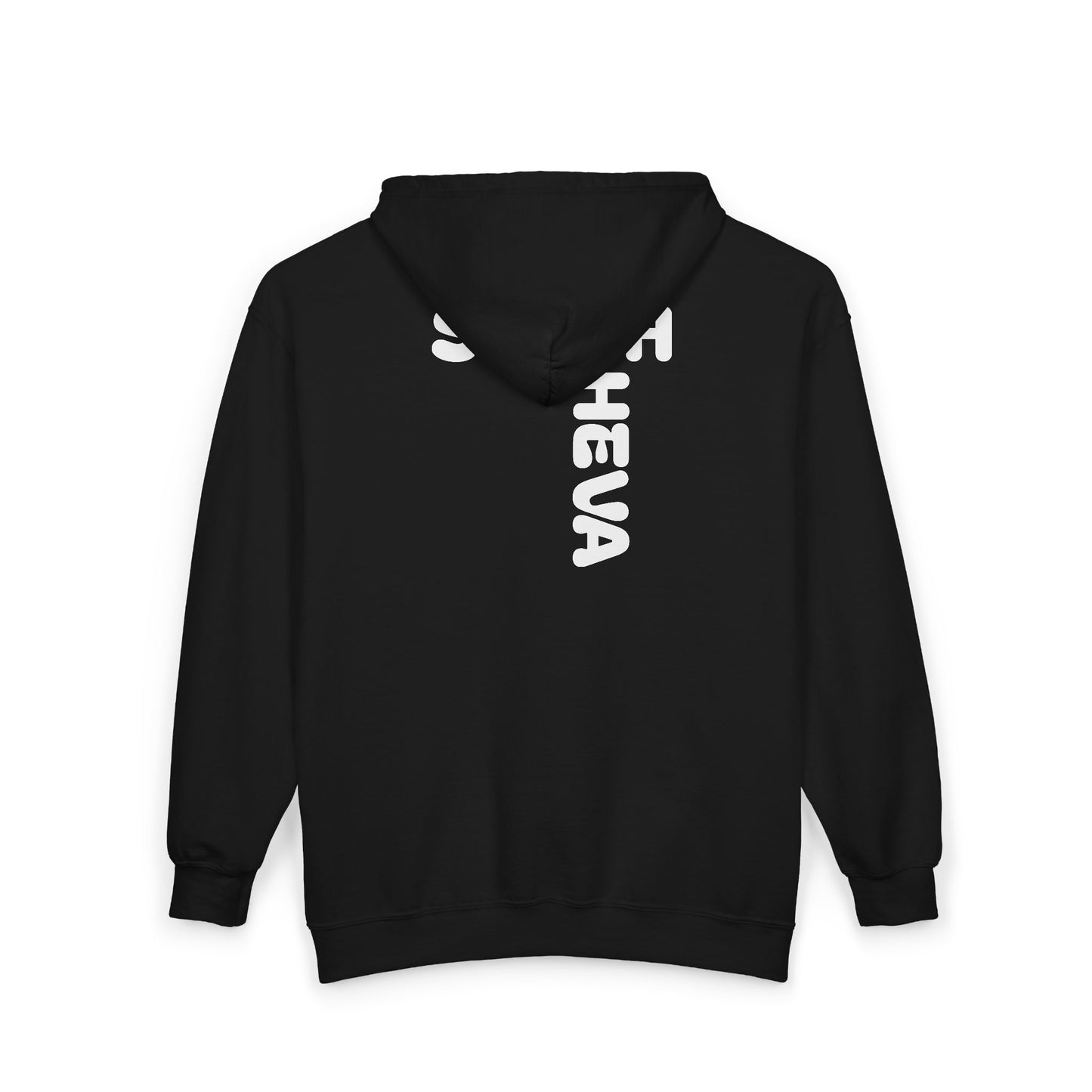 Sheesh Heva Full-Zip Hoodie — Bold Vertical Back Graphic, Chest Logo