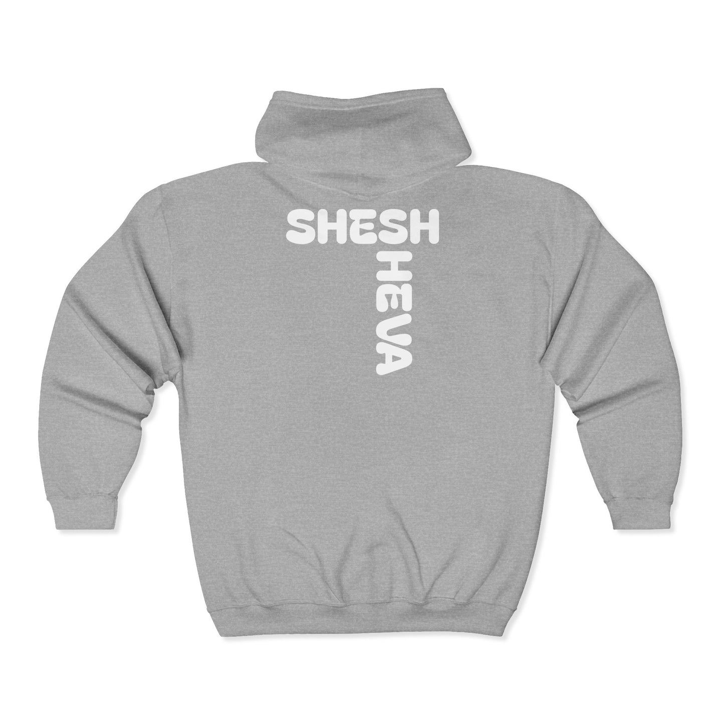 Sheesh Heva Full-Zip Hoodie — Bold Vertical Back Graphic, Chest Logo