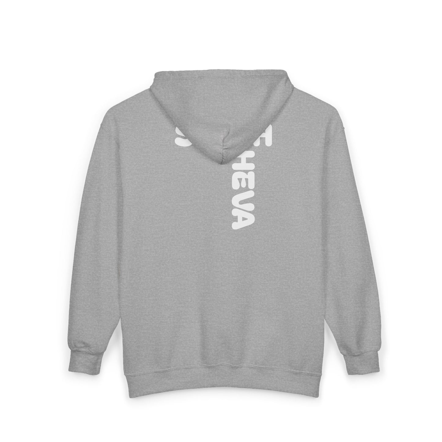 Sheesh Heva Full-Zip Hoodie — Bold Vertical Back Graphic, Chest Logo