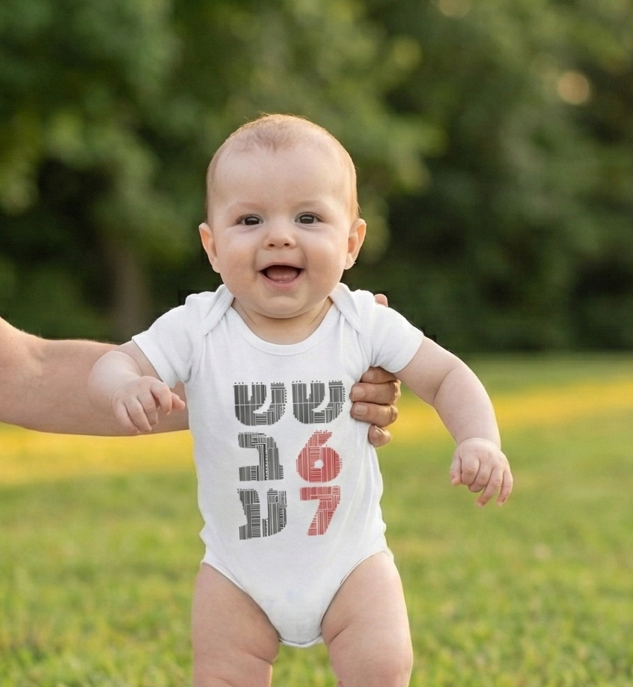 Shesh-Sheva™ 6/7 Hebrew Graphic Baby Bodysuit – Urban Streetwear for Little Ones