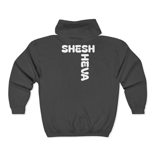 Sheesh Heva Full-Zip Hoodie — Bold Vertical Back Graphic, Chest Logo